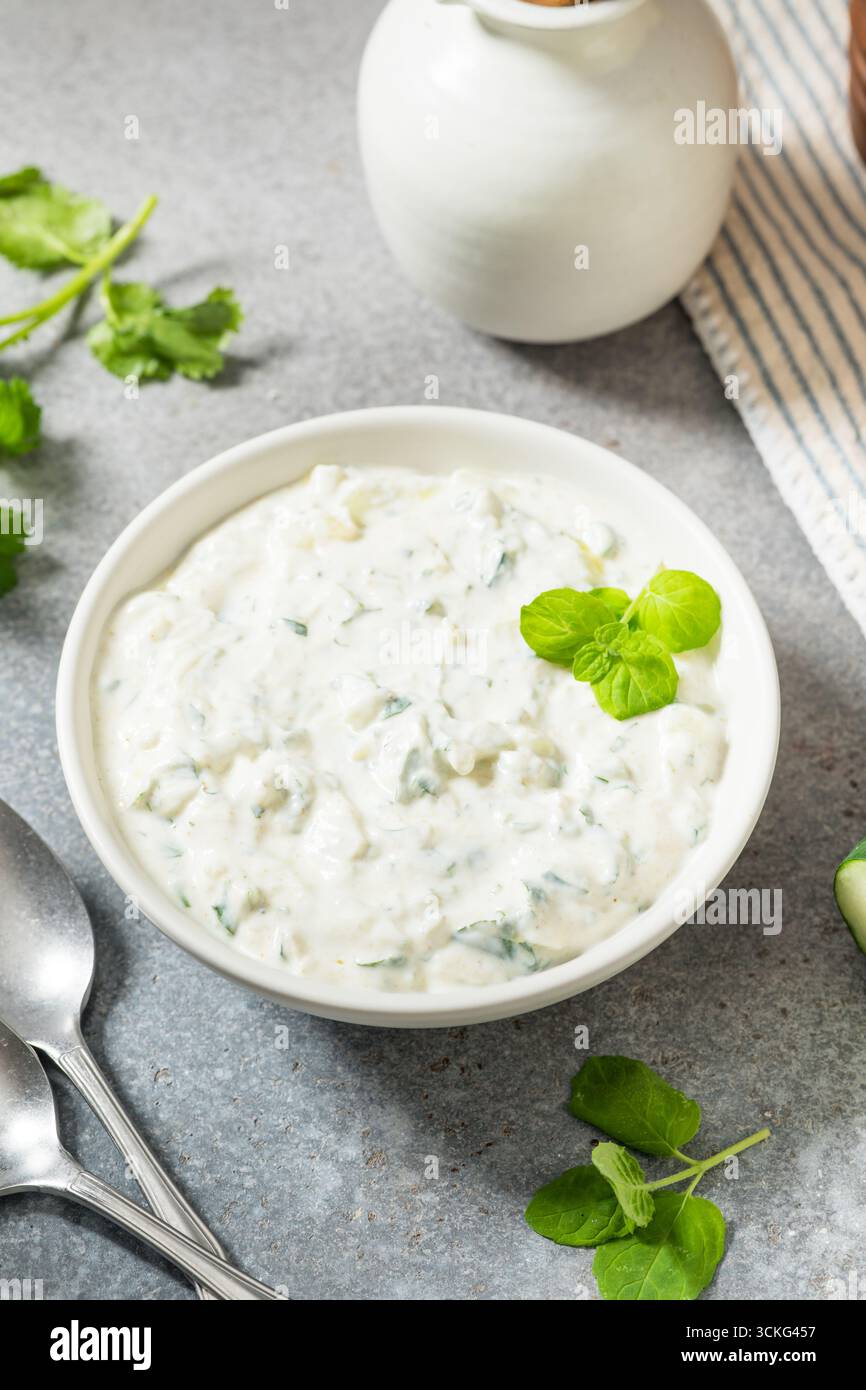 Salsa Raita indiana casalinga sana con coriandolo di yogurt e cetriolo Foto Stock