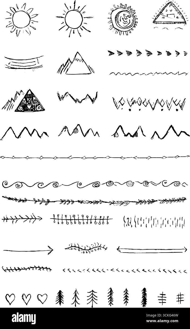 Collezione di simboli del sole inca disegnati a mano ed elementi decorativi per disegni artistici. Illustrazione Vettoriale
