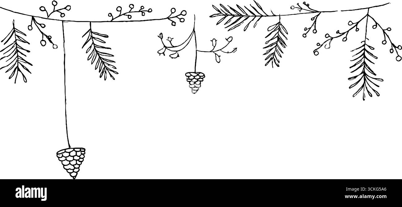 Bordo disegnato a mano con rami di pino e coni per un design perfetto per le vacanze. Illustrazione Vettoriale