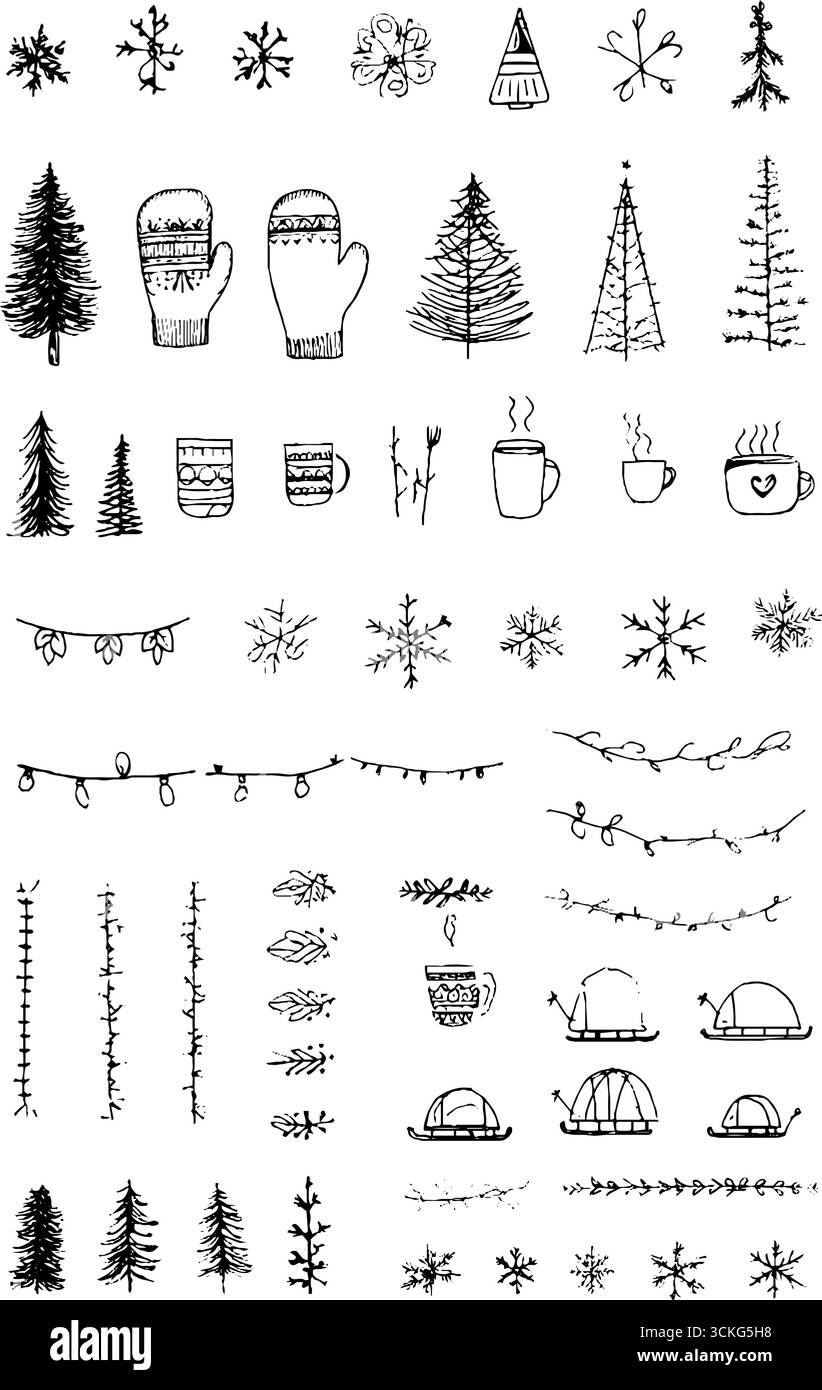 Fiocchi di neve decorativi disegnati a mano ed elementi di pino per il design invernale e natalizio. Illustrazione Vettoriale