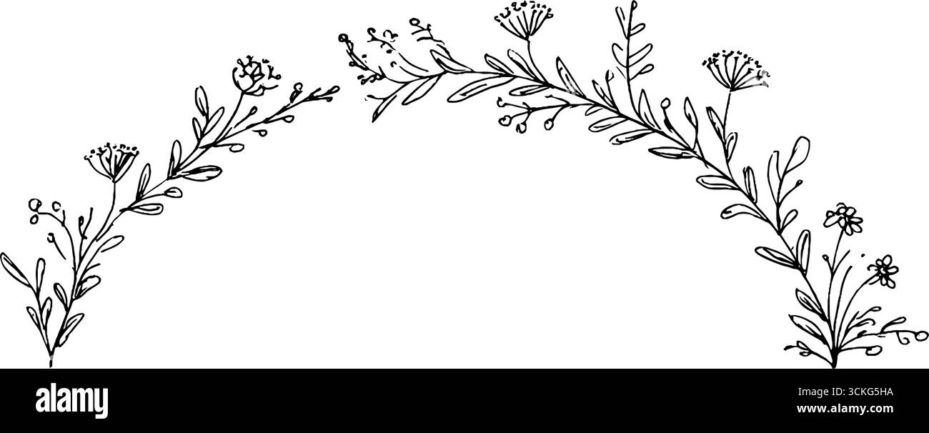 Arco gotico a punta con bordo a doodle floreale - elemento decorativo disegnato a mano per progetti di design. Illustrazione Vettoriale