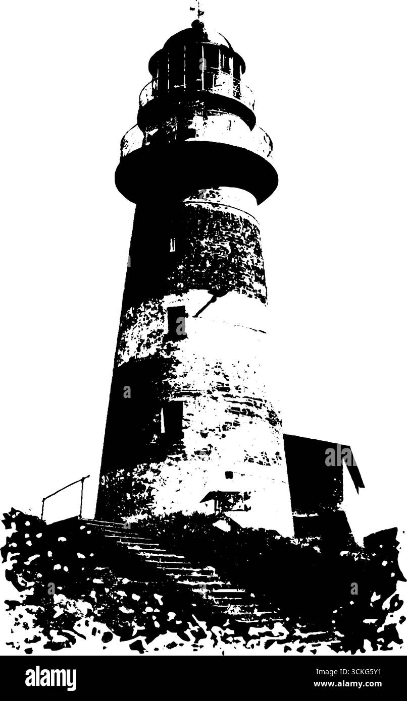 Illustrazione in bianco e nero grunge del faro abbandonato per un design urbano unico. Illustrazione Vettoriale