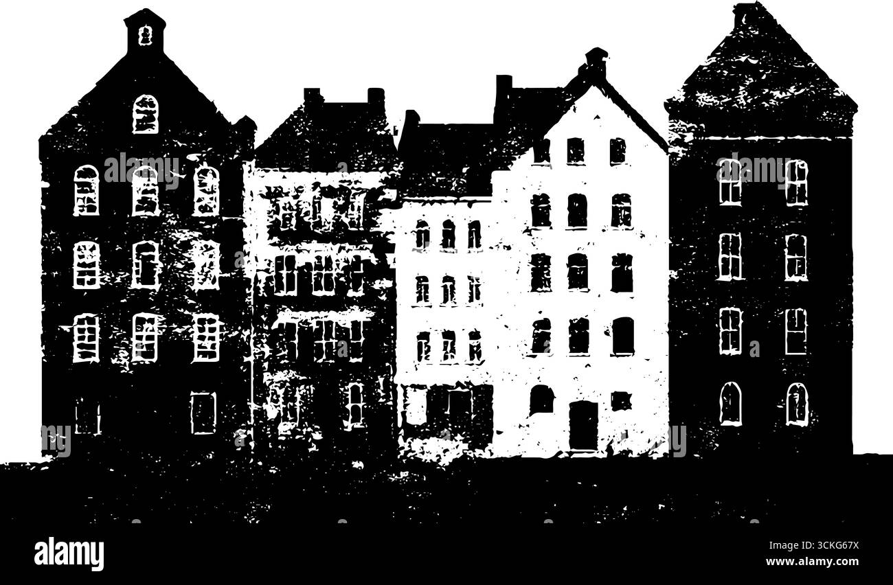 Grunge la scena urbana in bianco e nero di edifici abbandonati per poster o design. Illustrazione Vettoriale