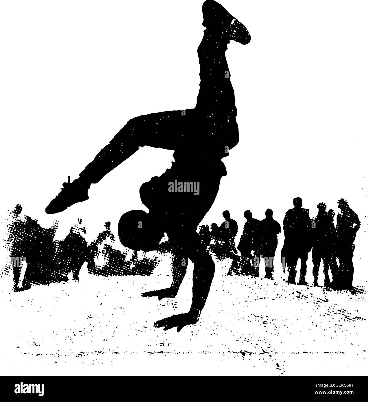 Dinamico b-boy di danza urbana in nero e bianco grunge per Street art e poster. Illustrazione Vettoriale