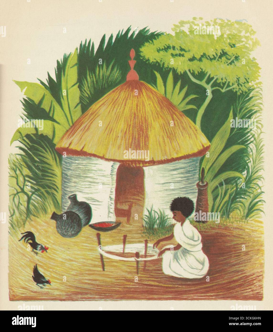 Katherine Evans, Nemo incontra l'Imperatore PL.3, 1957. Illustrazione che raffigura una tradizionale capanna rotonda con tetto in paglia, una donna che prepara cibo all'aperto, vasi di argilla, polli e lussureggiante vegetazione sullo sfondo. Foto Stock