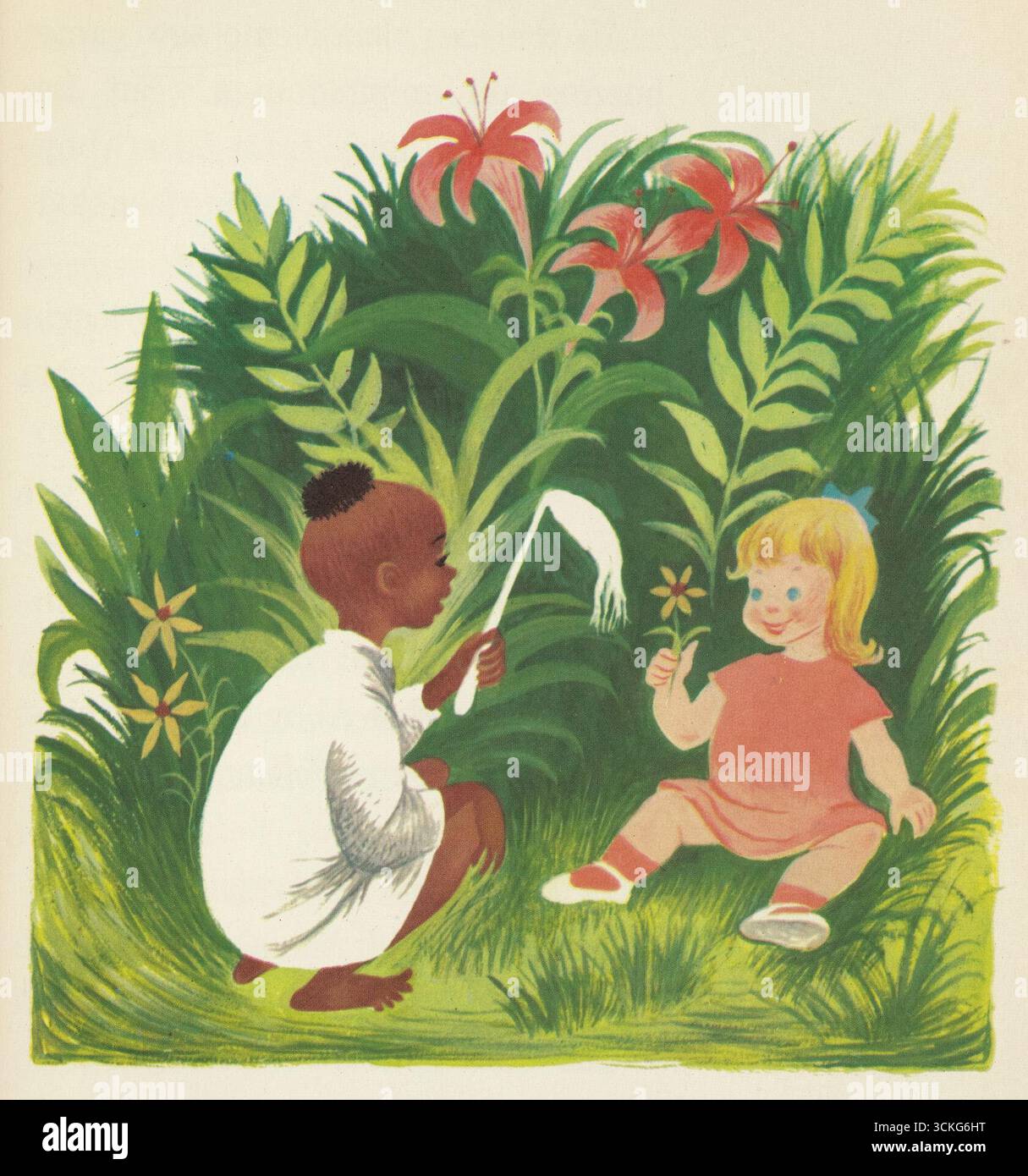 Katherine Evans, Nemo incontra la targa dell'Imperatore 9, 1957. Illustrazione che raffigura due bambini seduti tra vegetazione lussureggiante, uno con una bandiera bianca e l'altro con un fiore. Foto Stock