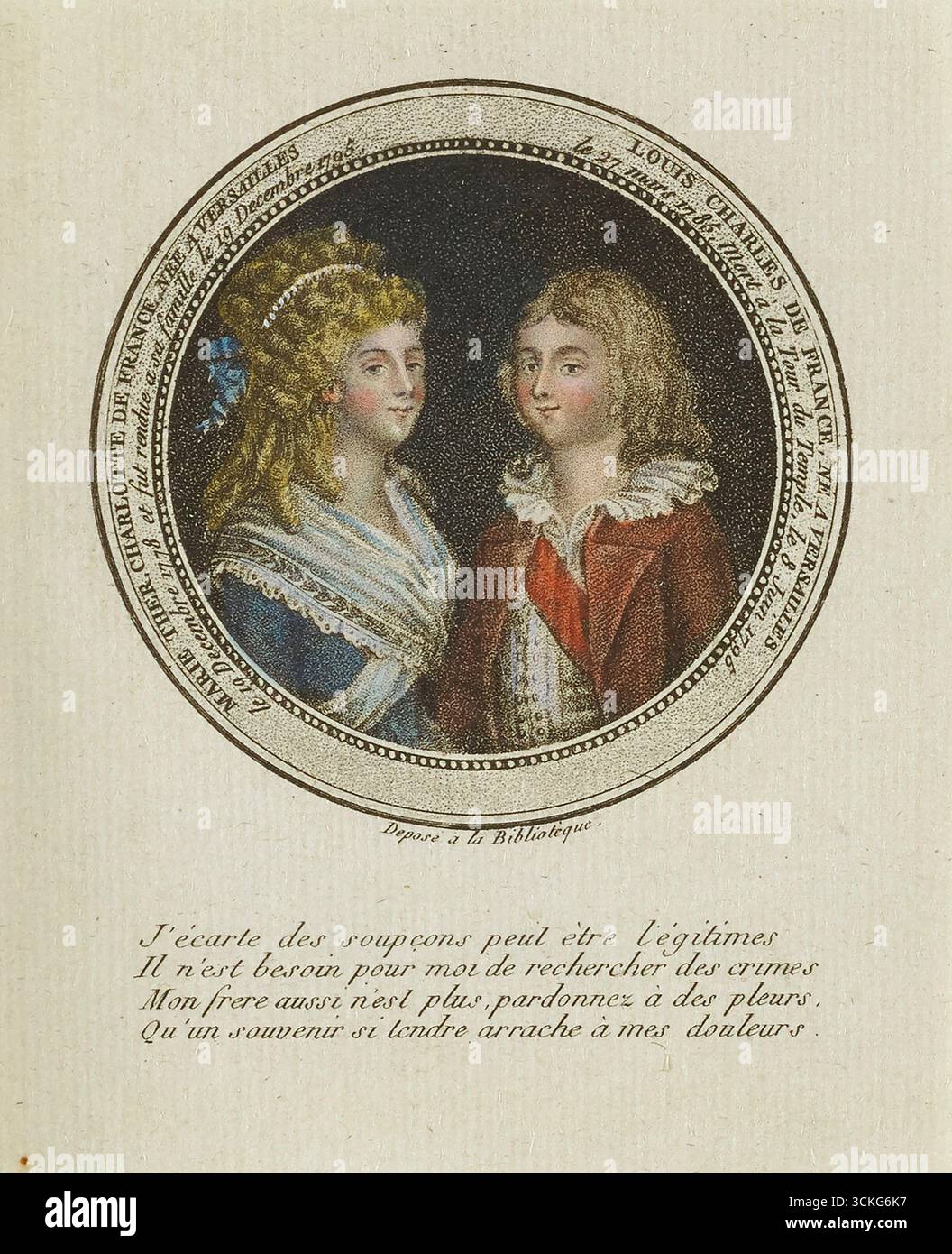 Incisione colorata a mano di Maria Teresa Carlotta di Francia e Luigi Carlo di Francia. Opera d'arte francese, 1810. Foto Stock