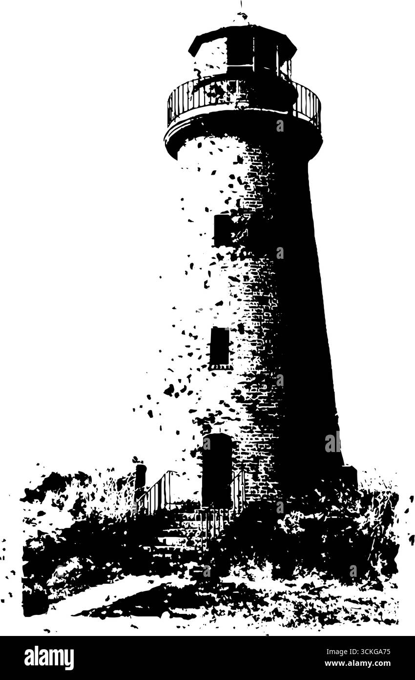 Design vintage grunge nero e bianco per l'illustrazione di un faro per l'arte urbana. Illustrazione Vettoriale