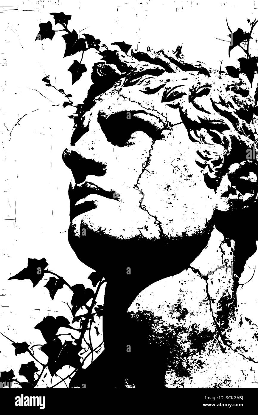 Grunge l'arte bianca e nera della statua incrinata con edera. Illustrazione Vettoriale