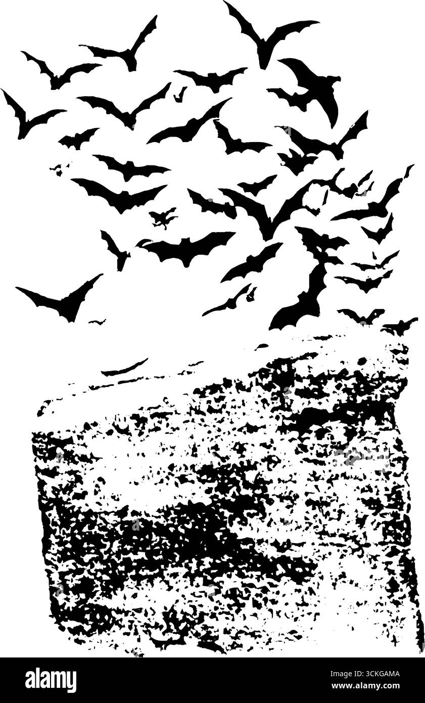 Misterioso volo di pipistrelli in bianco e nero - spaventoso design di halloween. Illustrazione Vettoriale