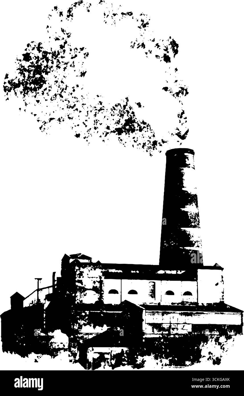 Fabbrica industriale con design in bianco e nero in stile grunge per poster o stampe. Illustrazione Vettoriale