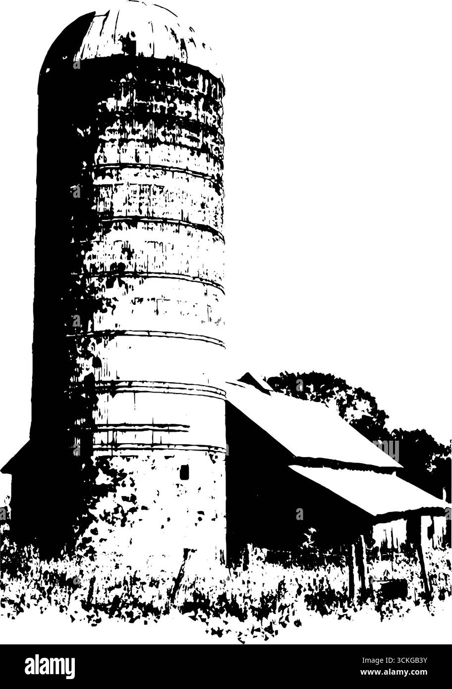 Rustica silhouette agricola in bianco e nero con silo resistente alle intemperie per un design vintage. Illustrazione Vettoriale