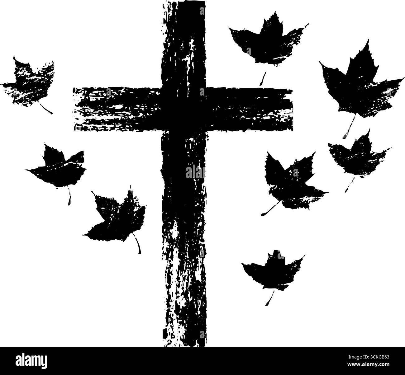 Il cimitero nero e bianco grunge si incrocia con foglie per l'arte urbana e la decorazione. Illustrazione Vettoriale