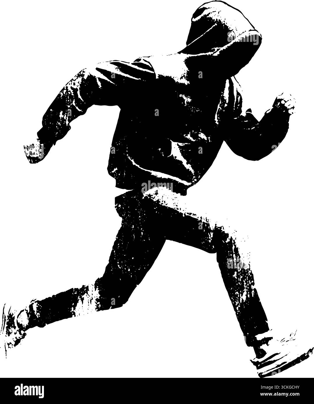 Silhouette con cappuccio in bianco e nero urban grunge per design e poster art. Illustrazione Vettoriale