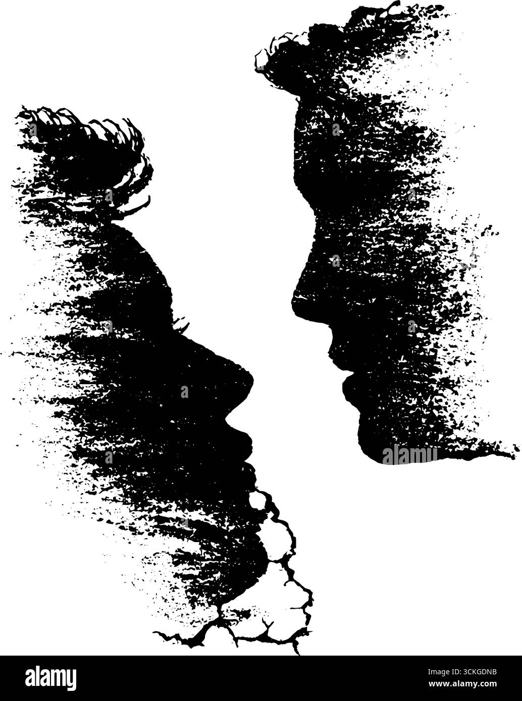 Profilo nero e bianco grunge sagoma art di figure rivolte per un design urbano. Illustrazione Vettoriale