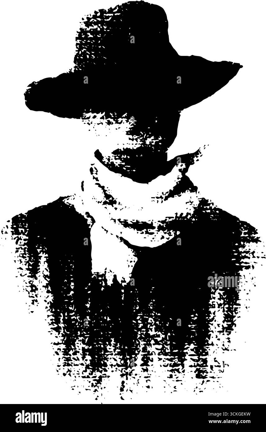Silhouette nera e bianca di misteriosa figura grunge per il design di un poster. Illustrazione Vettoriale