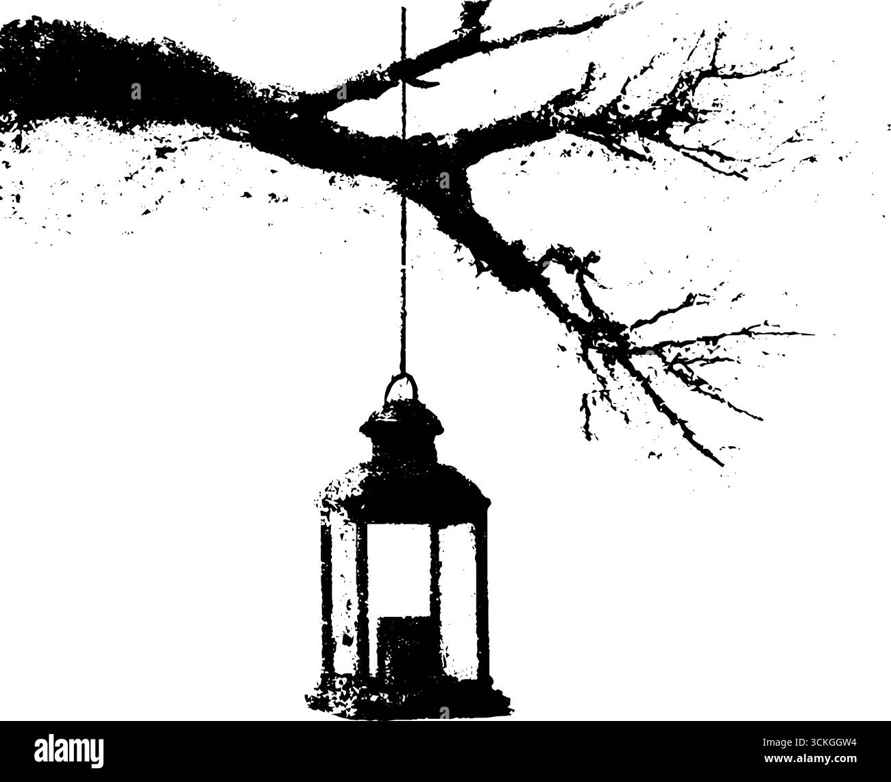 Una lanterna nera e bianca grunge vintage con ramo d'albero per un design urbano. Illustrazione Vettoriale