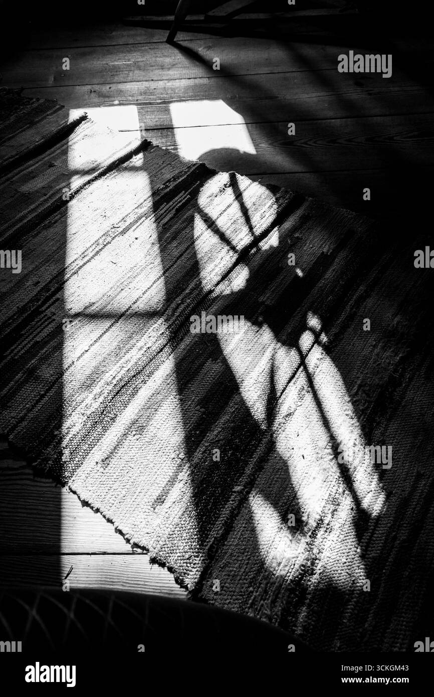 Fotografia in bianco e nero di un'ombra della ruota che gira in una luce che entra dalla finestra. Foto Stock