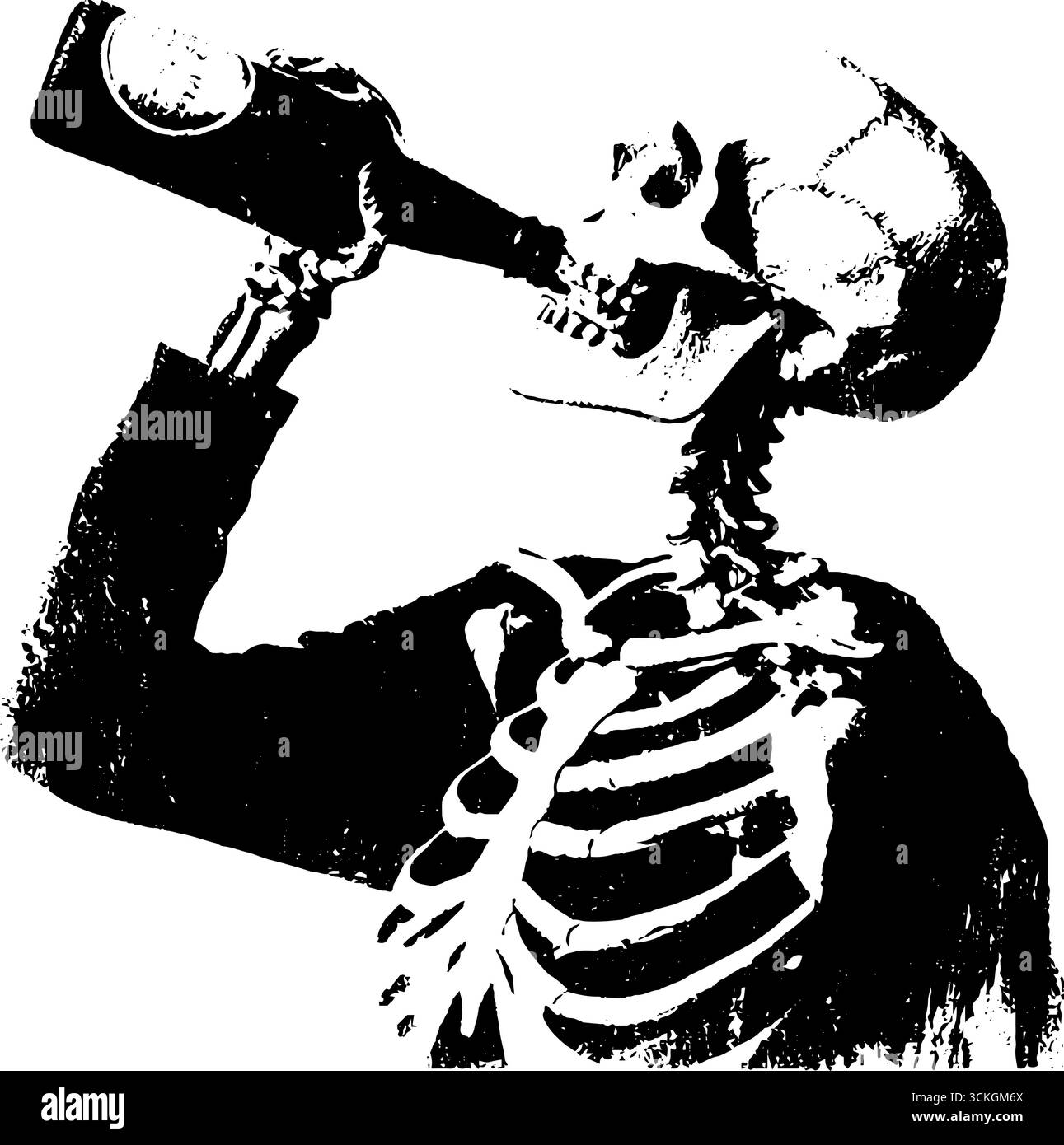 Illustrazione grunge skeleton bevendo in bianco e nero per un design e un arredamento urbano. Illustrazione Vettoriale