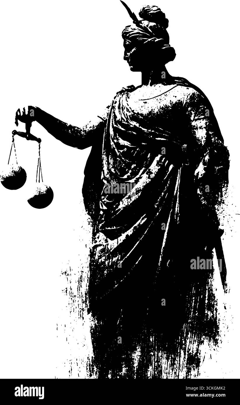 Illustrazione grunge in bianco e nero della statua della giustizia per il design urbano. Illustrazione Vettoriale