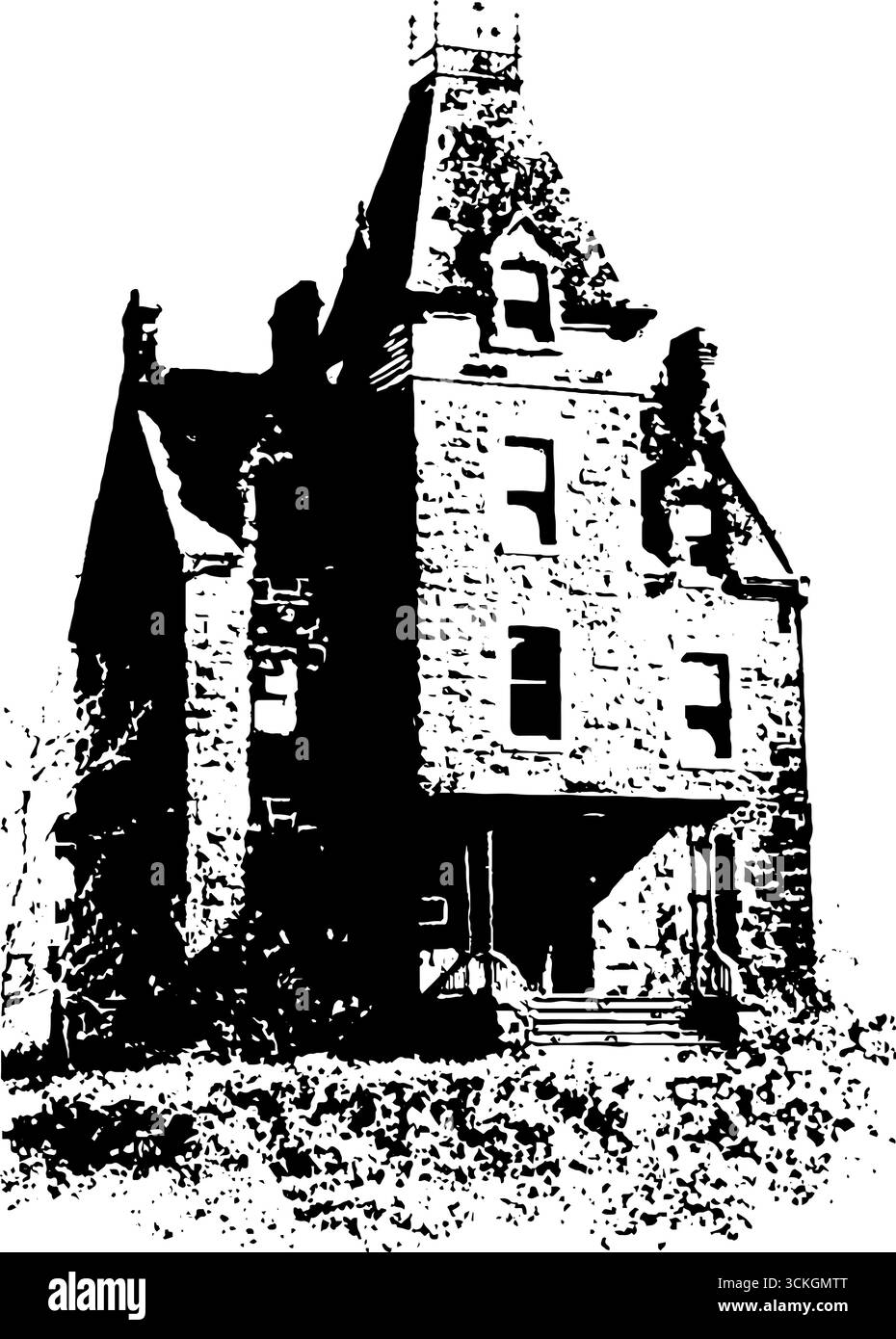 Inquietante casa infestata dai fantasmi in bianco e nero grunge per le decorazioni di halloween. Illustrazione Vettoriale