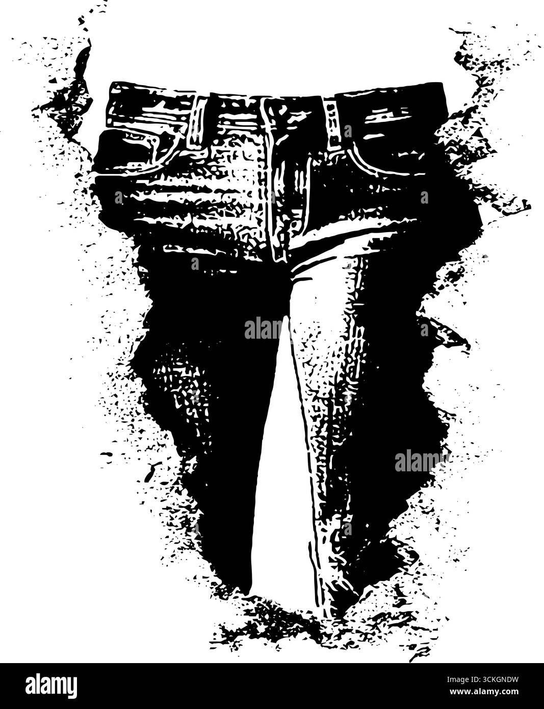 Illustrazione vintage grunge in bianco e nero di jeans strappati per un design urbano. Illustrazione Vettoriale