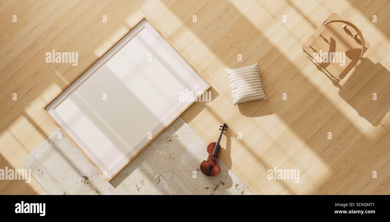 Un intimo interno scandinavo con una cornice a poster mock-up, mobili in legno, vasi in ceramica e un violino vintage che aggiungono fascino artistico. Illustrazione 3D. Foto Stock