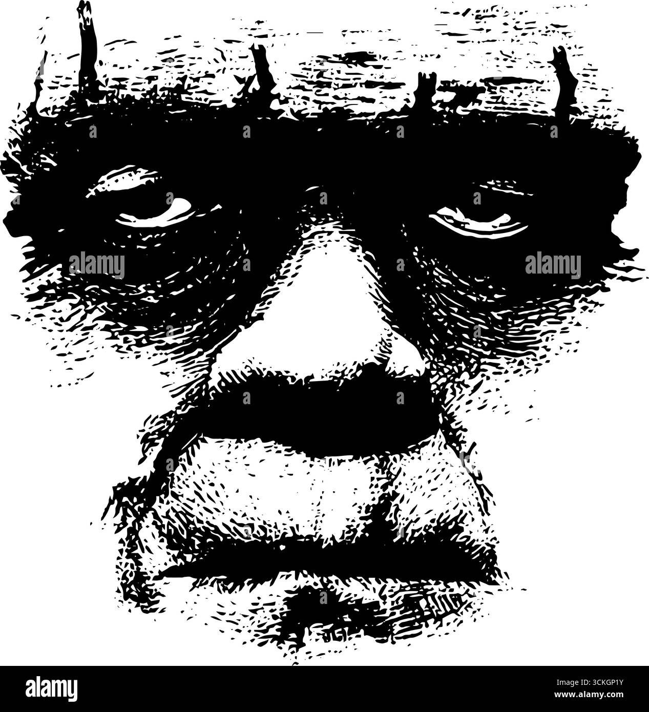 Ritratto in bianco e nero grunge con dettagli cuciti per un design vintage. Illustrazione Vettoriale