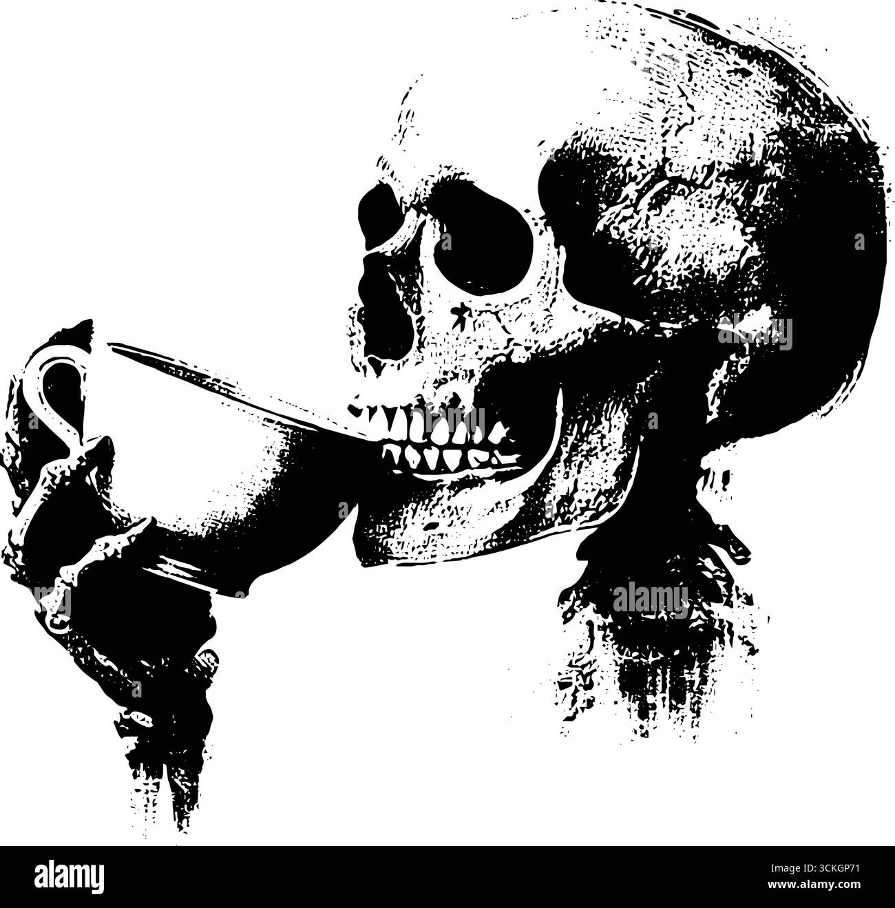 Scheletro bianco e nero grunge bevendo dalla tazza – halloween, arte urbana di soccorso per poster e stampe. Illustrazione Vettoriale