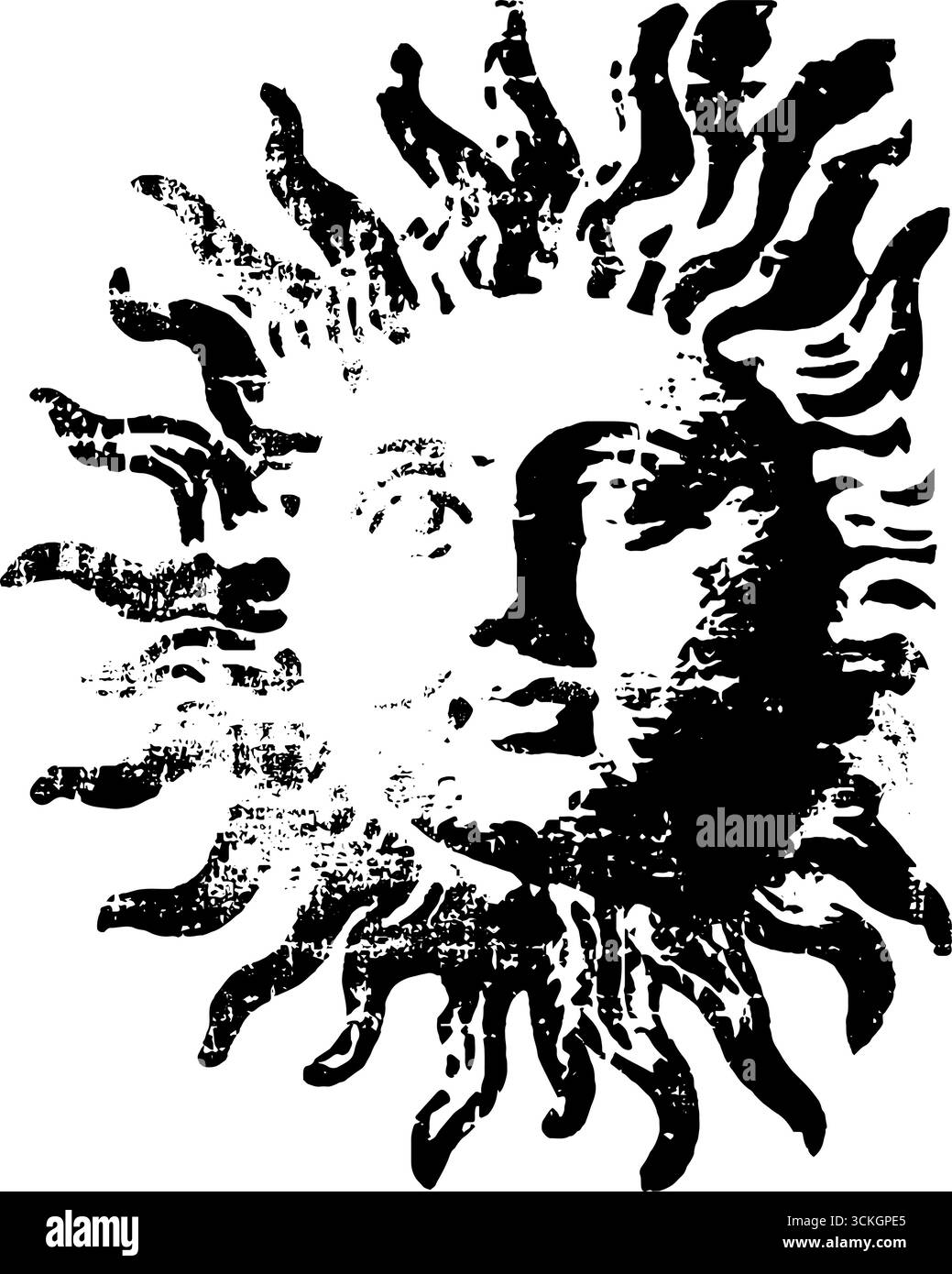 Design mistico della carta dei tarocchi solari in bianco e nero grunge per i manifesti spirituali. Illustrazione Vettoriale