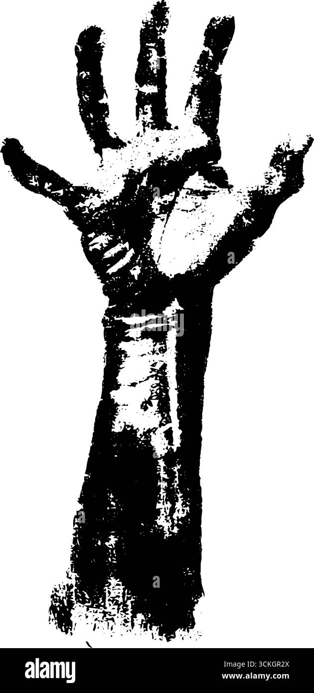 Illustrazione grunge in bianco e nero di mano zombie per il design di halloween. Illustrazione Vettoriale