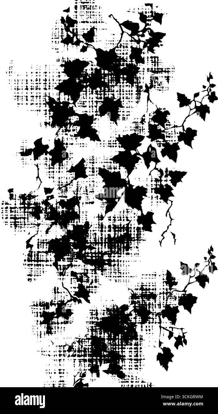 Illustrazione in edera nera e bianca grunge con texture strappata per un design vintage. Illustrazione Vettoriale
