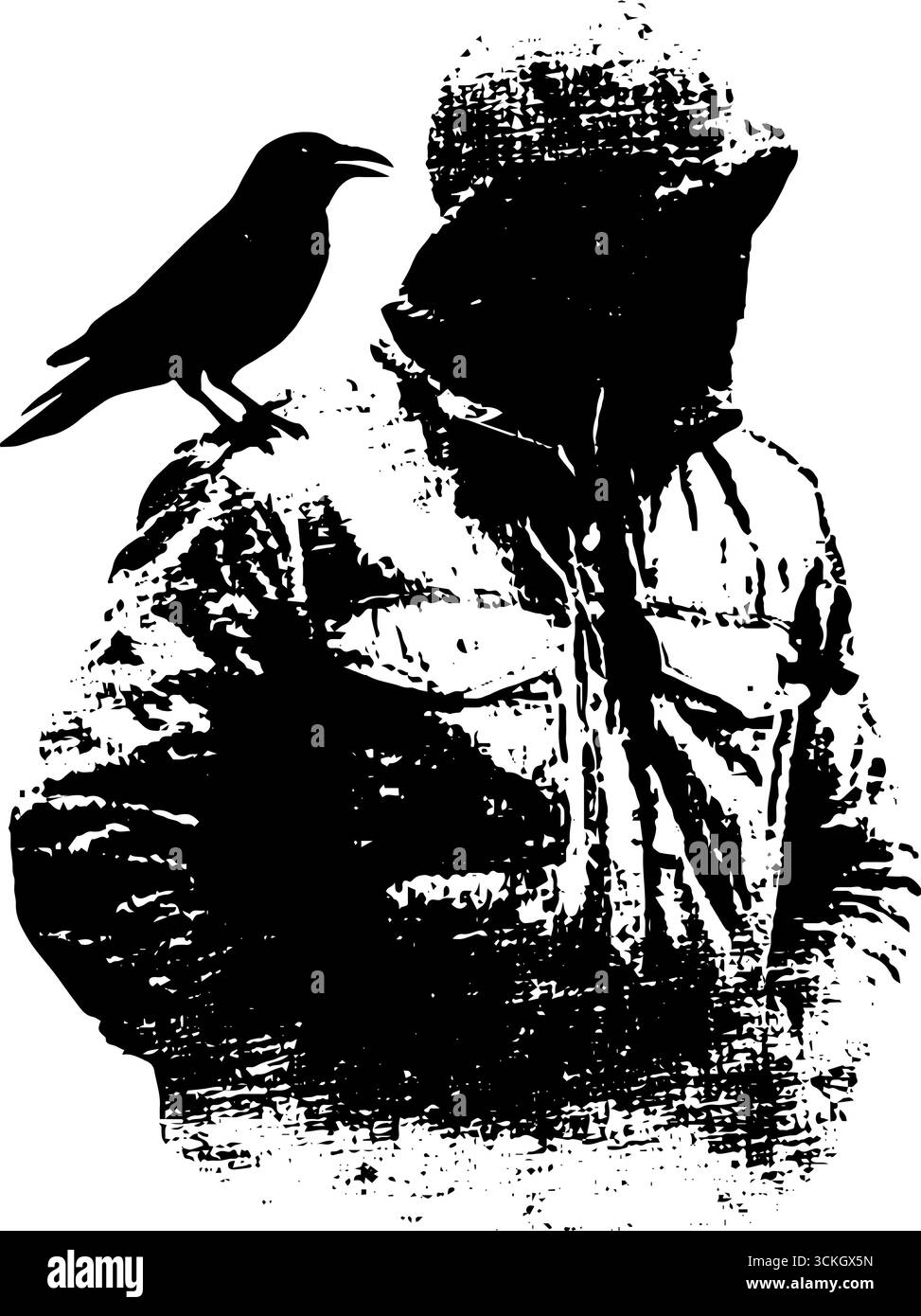 Silhouette zombie grunge in bianco e nero con corvo - design urbano per poster e carte. Illustrazione Vettoriale