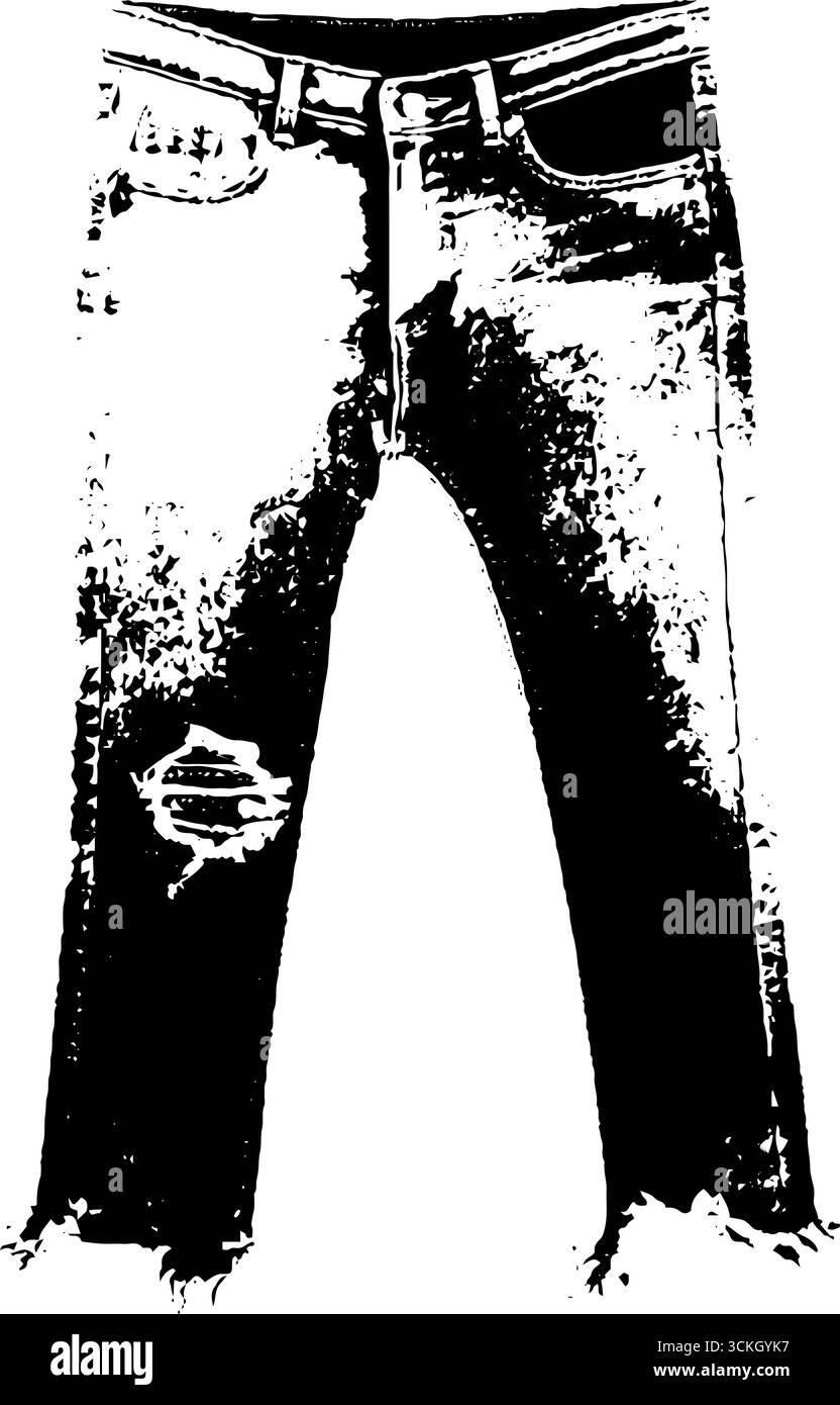 Jeans grunge neri e bianchi strappati per la moda urbana e progetti d'arte. Illustrazione Vettoriale
