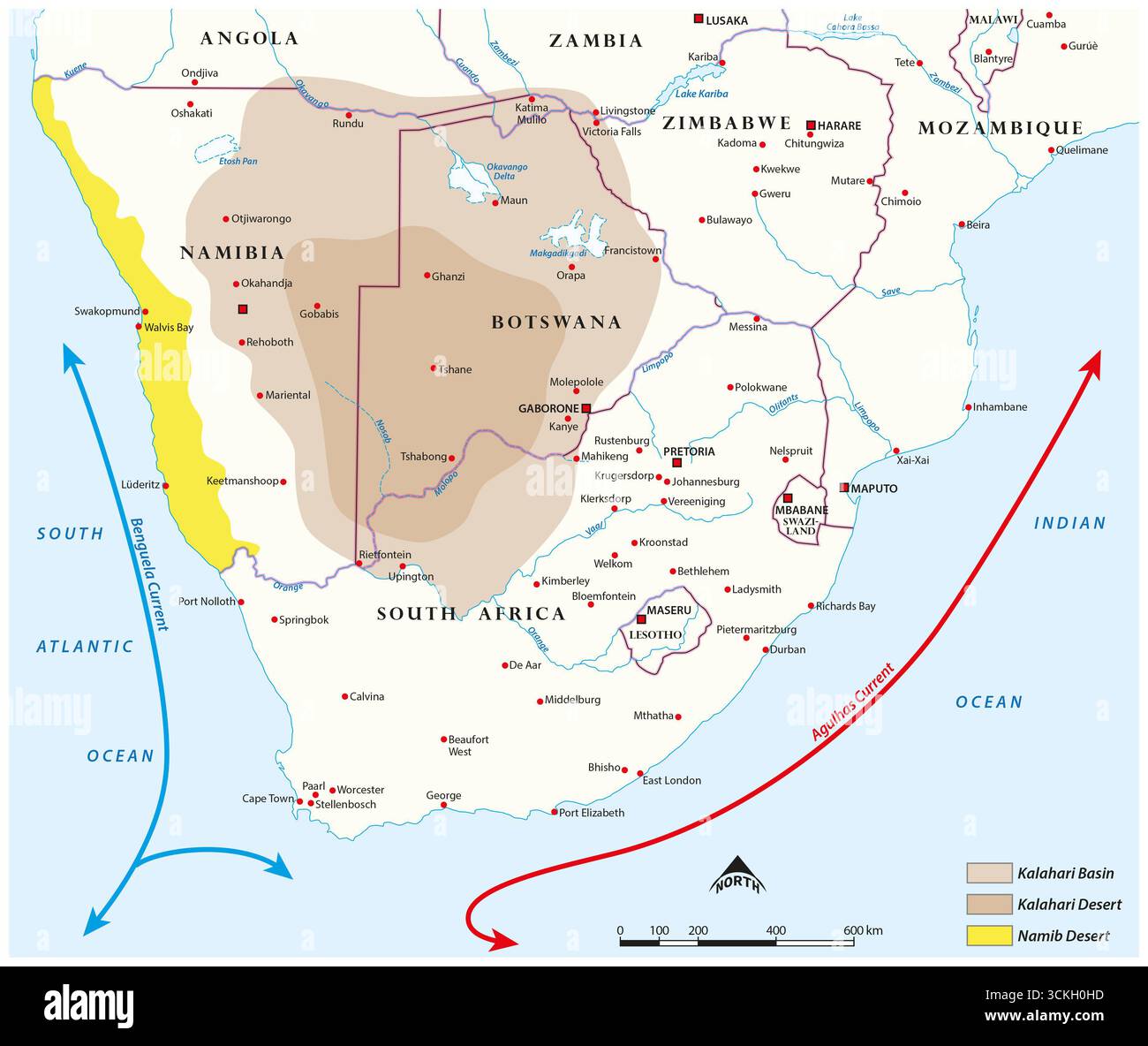 Mappa dei deserti dell'Africa meridionale Foto Stock