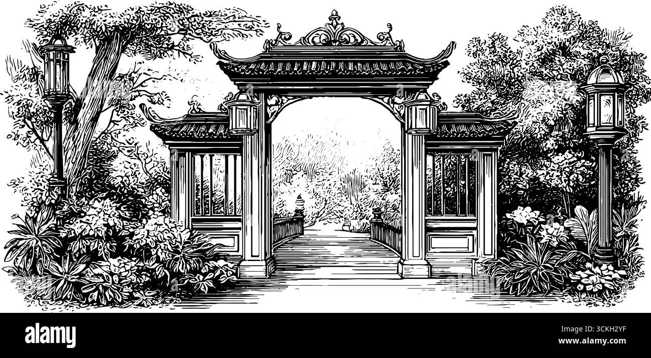 Intricate incisioni vintage di ornato ingresso giardino con dettagli architettonici asiatici. Illustrazione Vettoriale