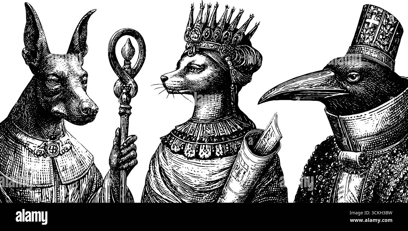 Intricati ritratti di animali d'epoca con abbigliamento regale - illustrazione disegnata a mano per l'arte e il design. Illustrazione Vettoriale