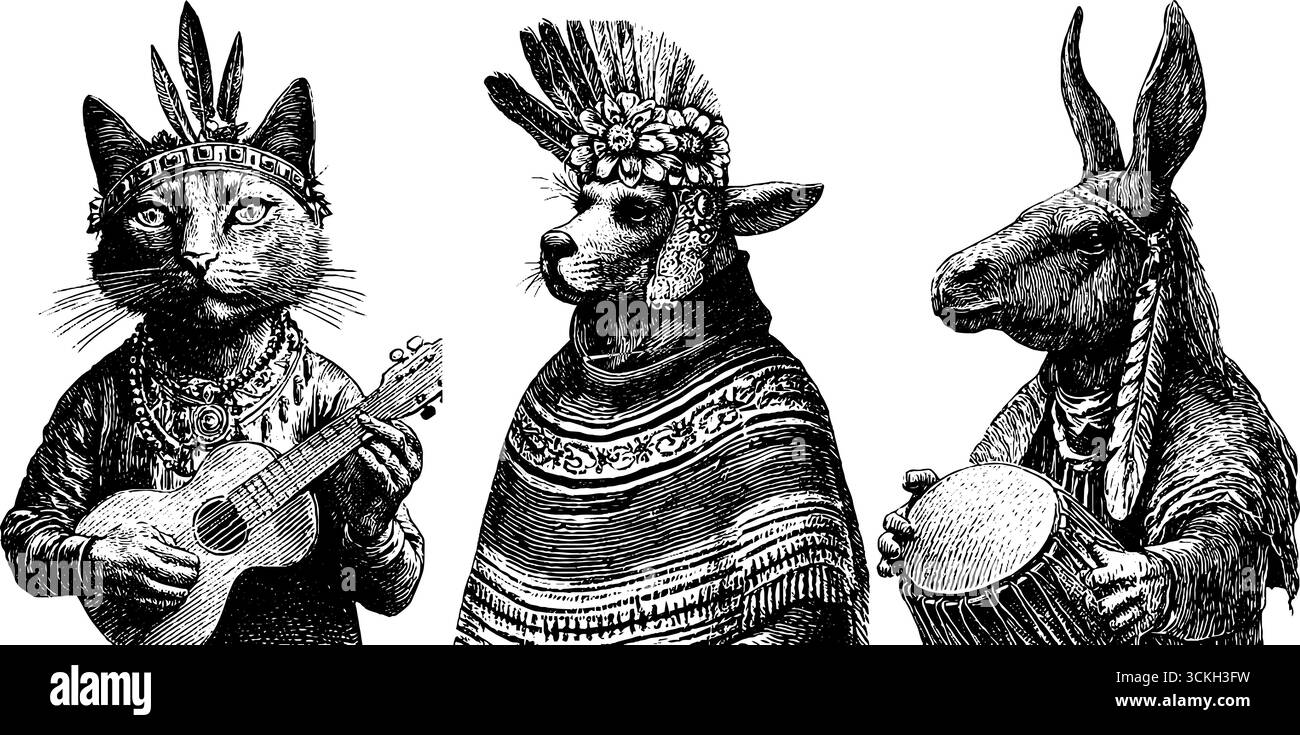 Musicisti animali d'epoca in abiti tradizionali incisioni bianche e nere per uso di design. Illustrazione Vettoriale