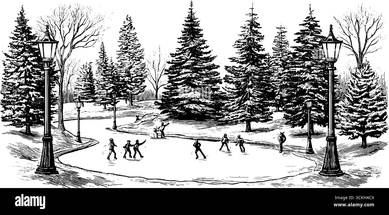Paesaggio invernale con pattinaggio su ghiaccio in stile vintage per l'arte e il design. Illustrazione Vettoriale