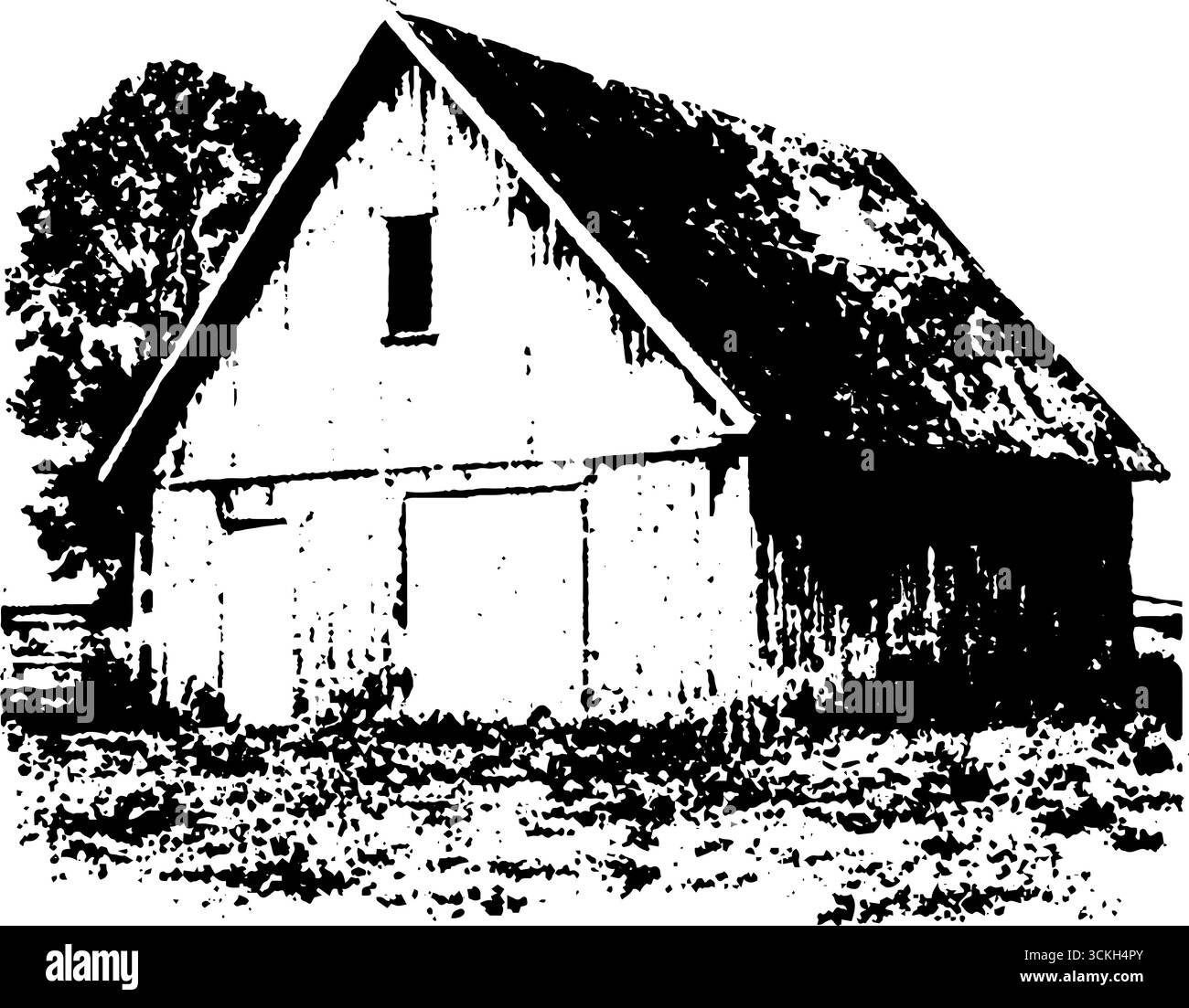 Fienile rustico in bianco e nero ad alto contrasto per progetti di design vintage. Illustrazione Vettoriale