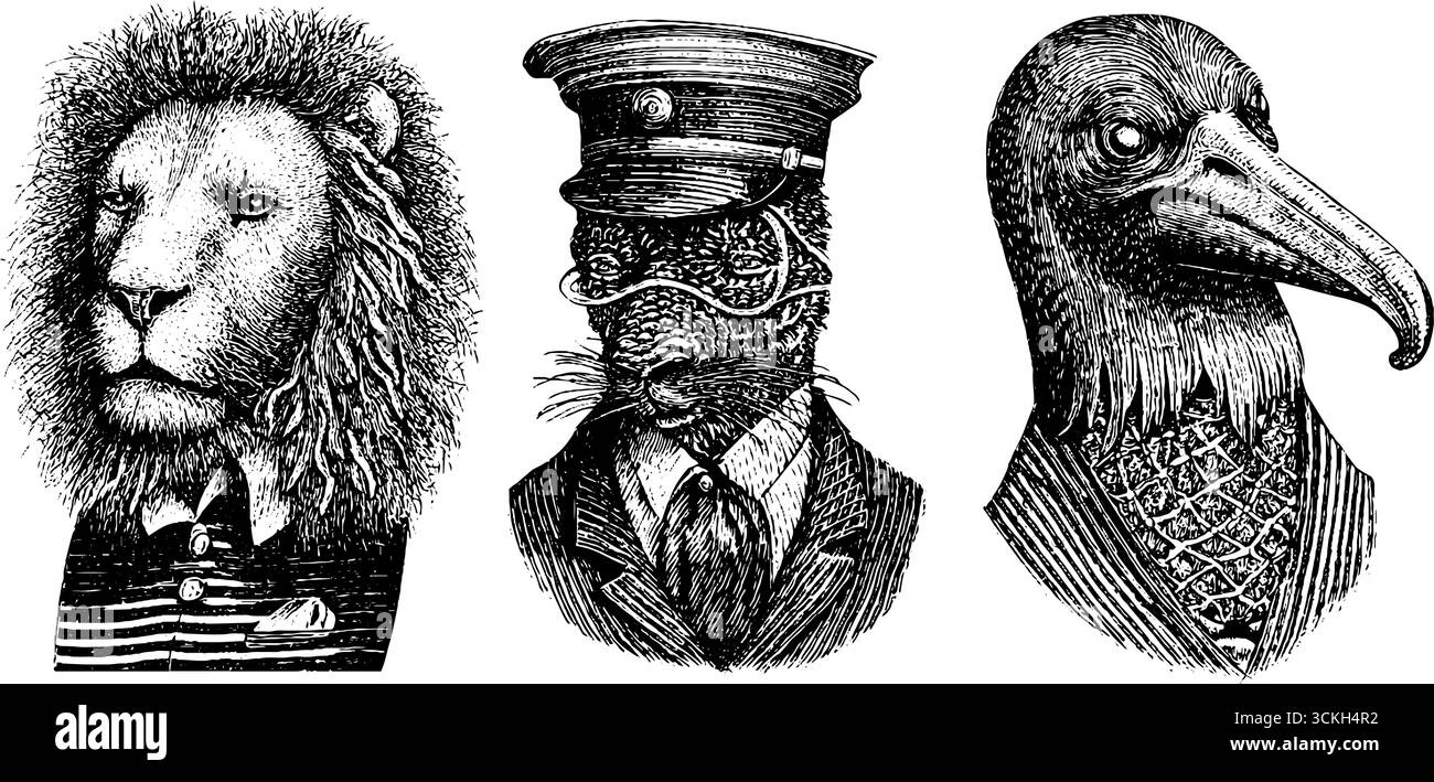 Ritratti di animali d'epoca in uniforme: Intricate incisioni in bianco e nero per disegni creativi. Illustrazione Vettoriale