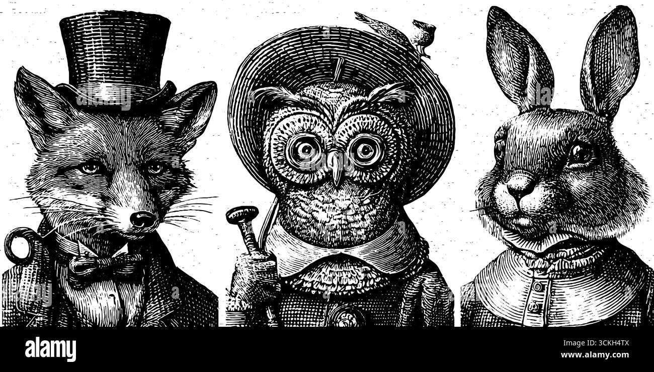 Ritratti di animali d'epoca con volpe, gufo e coniglio con incisione in bianco e nero. Illustrazione Vettoriale