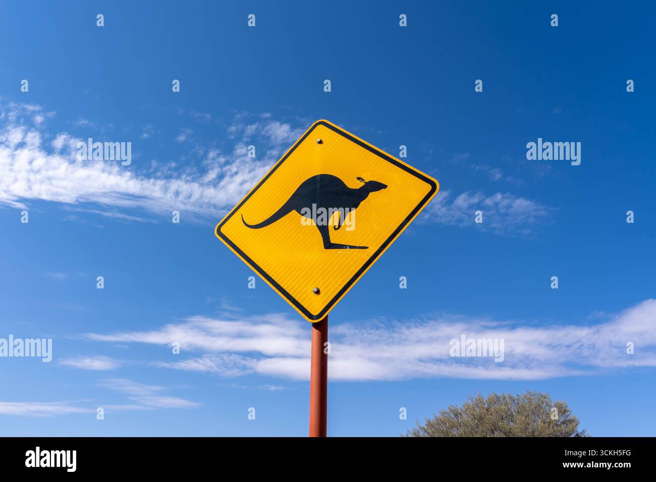Un cartello di avvertimento per l'attraversamento del canguro contro il cielo azzurro è visibile sul lato di una strada in Australia. Foto Stock