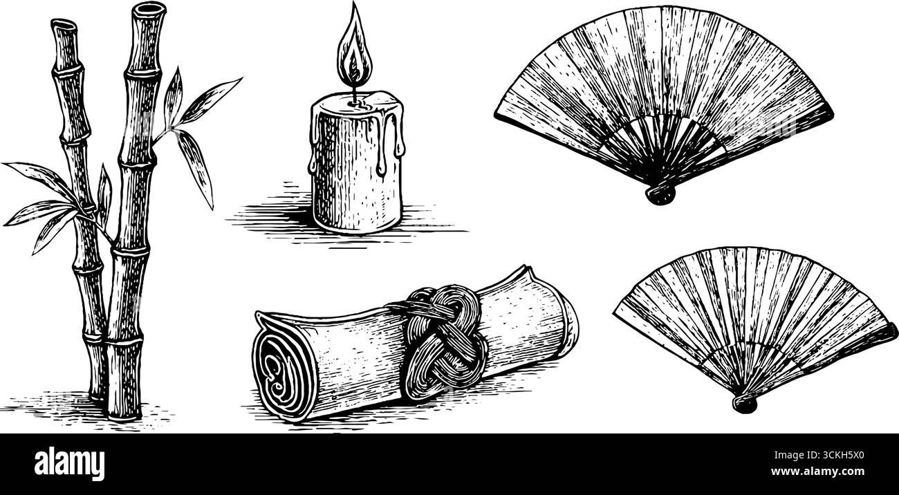 Set di benedizioni Fortune con bambù, candela, fan e rotolo per un design di ispirazione asiatica. Illustrazione Vettoriale