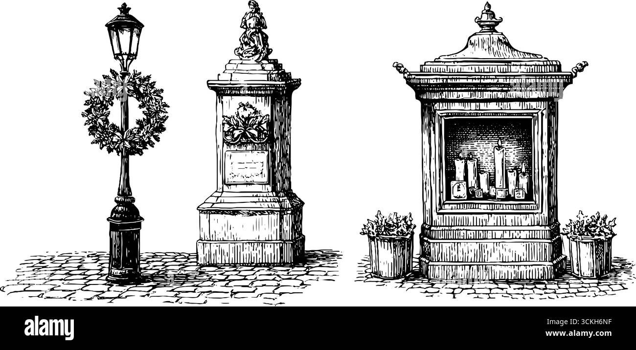 Ambientazione vittoriana per le vacanze a londra con lampade a gas e ghirlande per un design vintage. Illustrazione Vettoriale