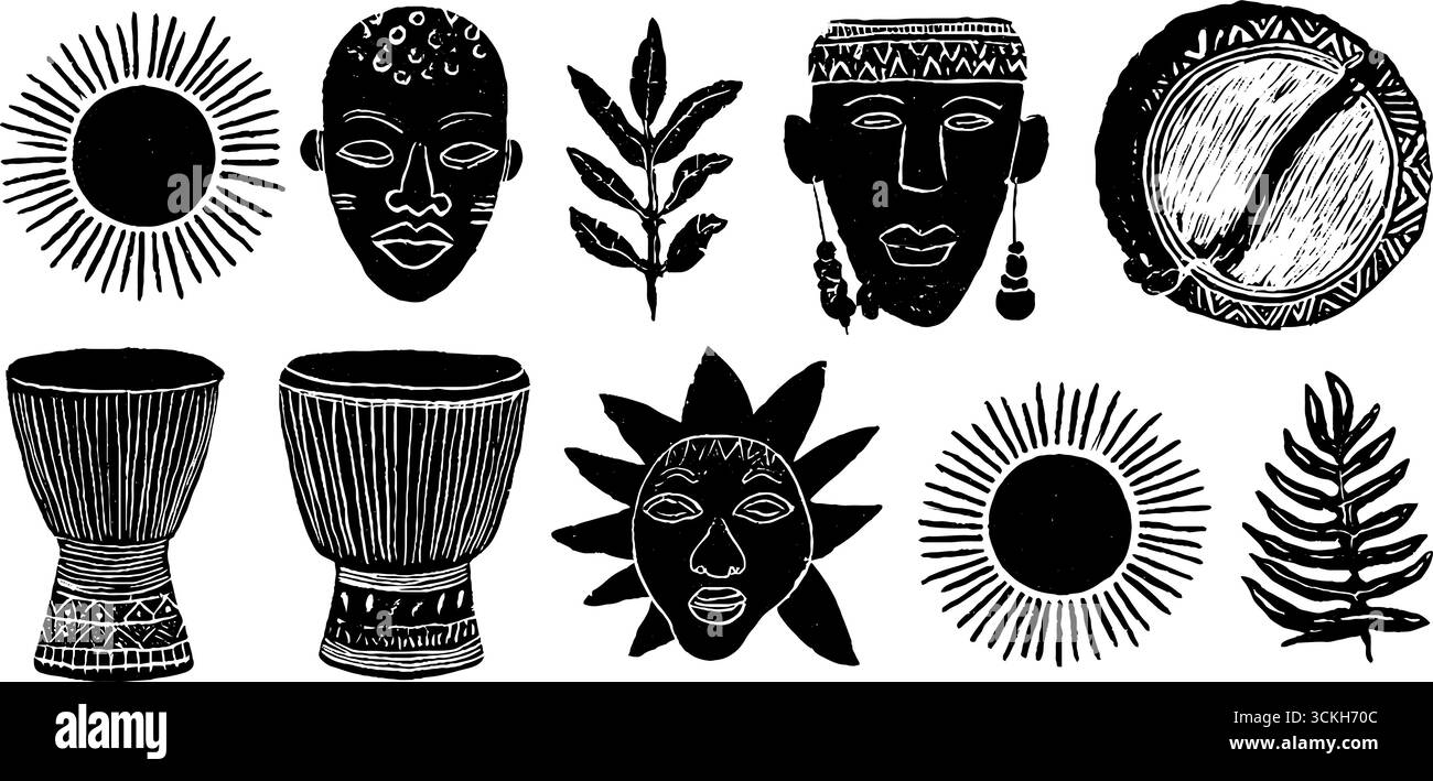 Grafica linocut di ispirazione africana con maschere, tamburi, soli e foglie per un design creativo. Illustrazione Vettoriale