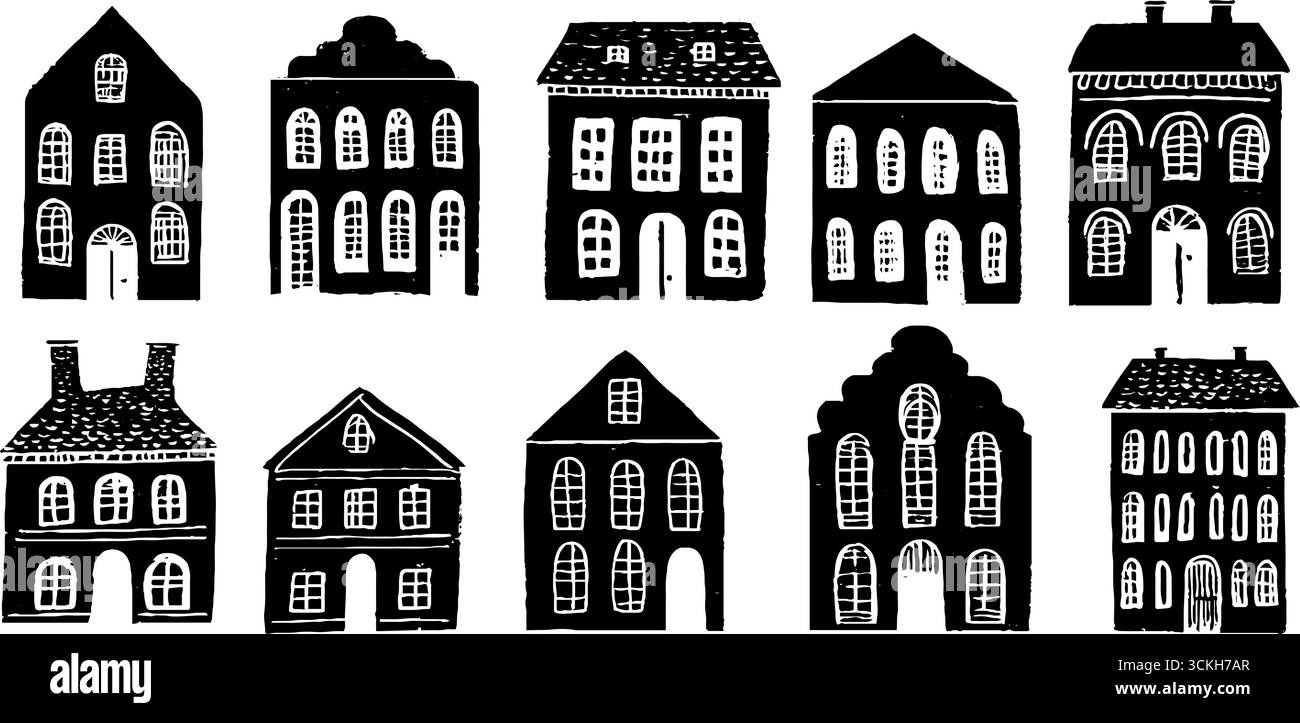 Architettura Linocut modello di case senza cuciture con tema vento per design e decorazione. Illustrazione Vettoriale
