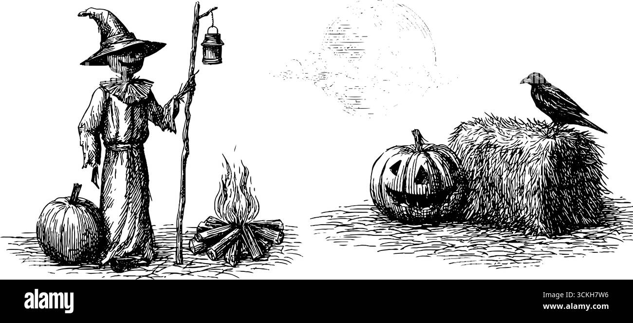 La notte del raccolto di Halloween è ambientata con spaventapasseri, zucche e corvo per un design vintage. Illustrazione Vettoriale