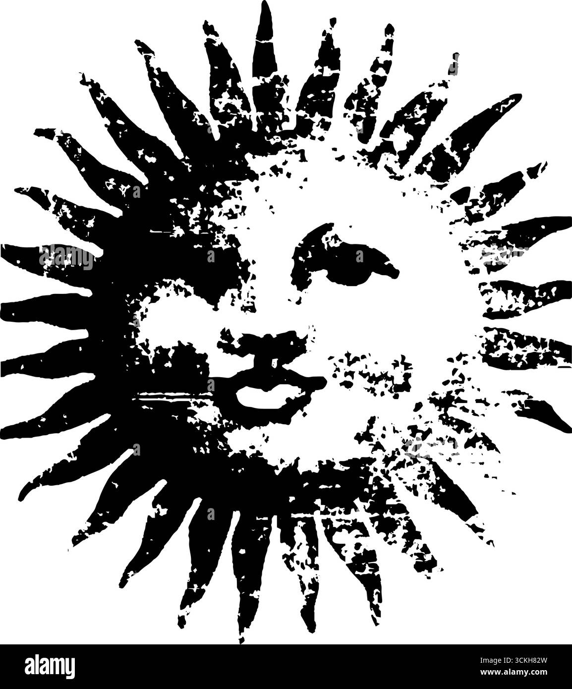 Design a stencil per il sole bianco e nero a contrasto elevato per arte urbana e decorazioni vintage. Illustrazione Vettoriale