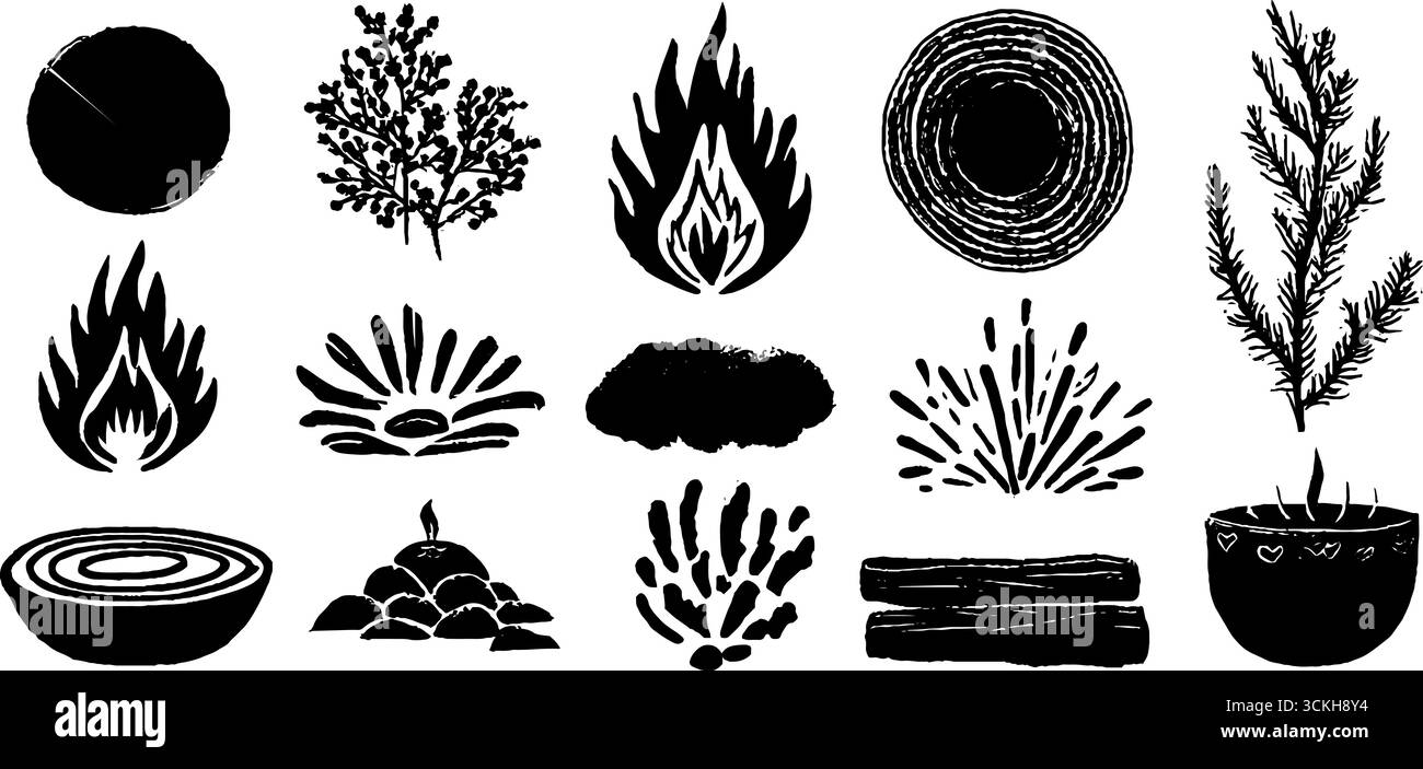 Collezione di elementi tagliafuoco rustici linocut per progetti di design e stampa. Illustrazione Vettoriale